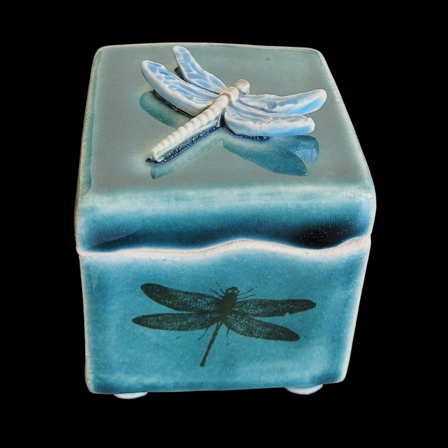 Side view of handcrafted dragonfly treasure box showing detailed stoneware patterns"