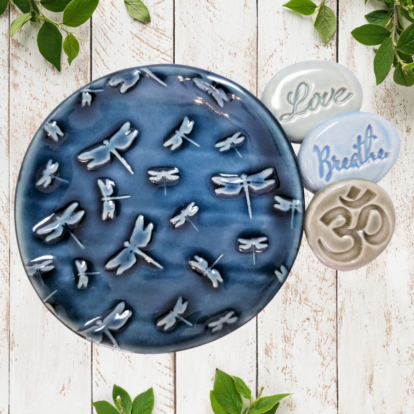 3-inch diameter handcrafted stoneware dragonfly dish shown with size reference