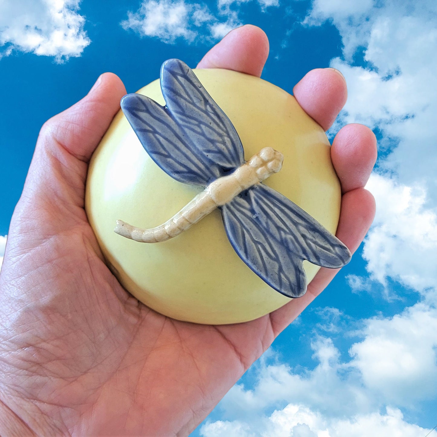 Dragonfly meditation rattle with intricate wing patterns and elegant body details, handcrafted from stoneware clay with glossy ceramic glaze finish