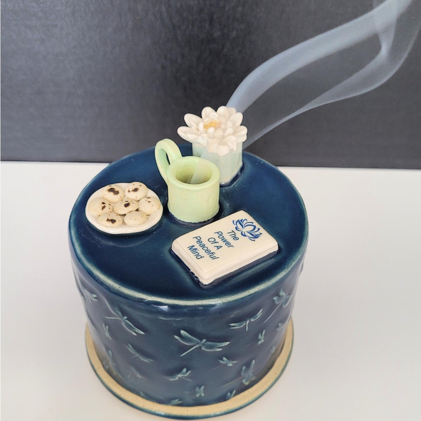 Handmade Incense Burner With Dragonfly Motif and Lotus Flower