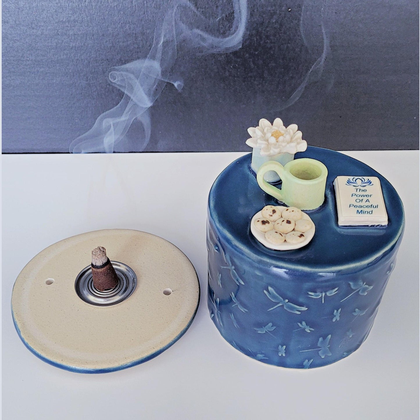 Handmade Incense Burner With Dragonfly Motif and Lotus Flower