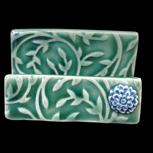 Business Card Holder with leaf design and light blue flower